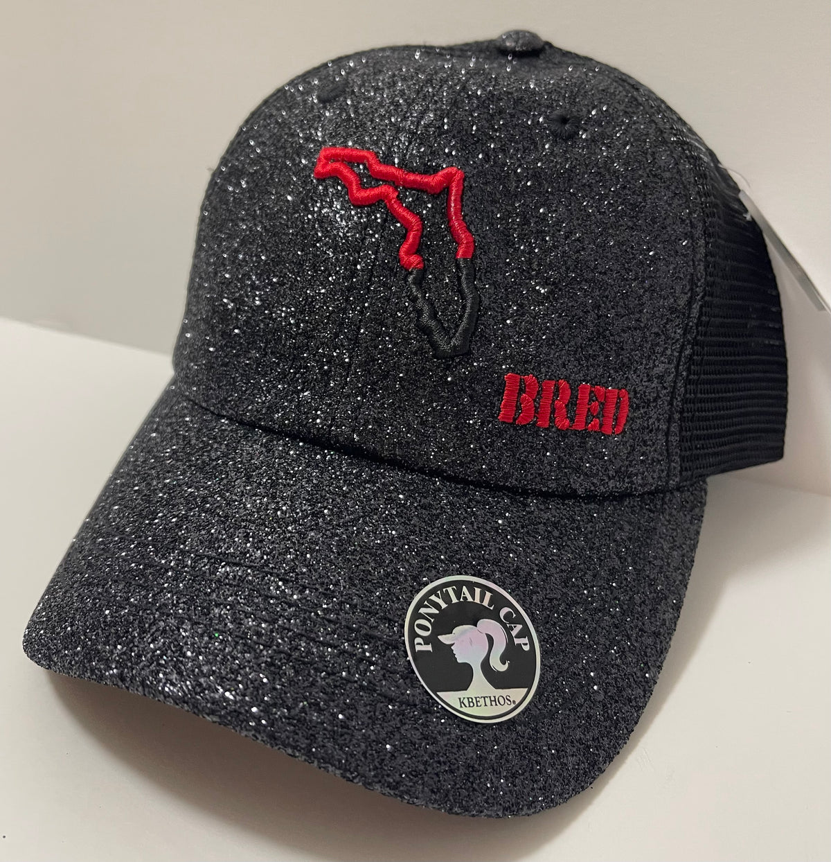 Black Glitter Cap with Red/Black Logo
