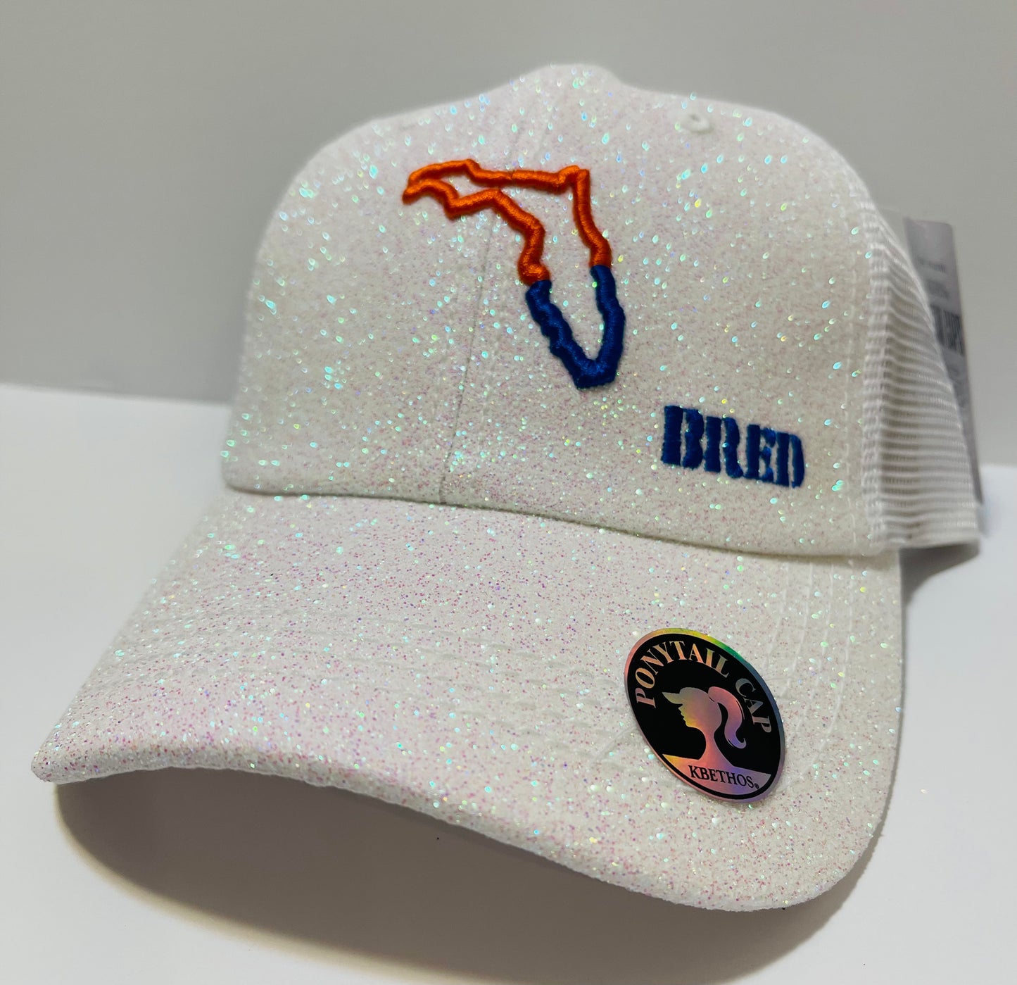 Orange & Blue White Ponytail Glitter Hat