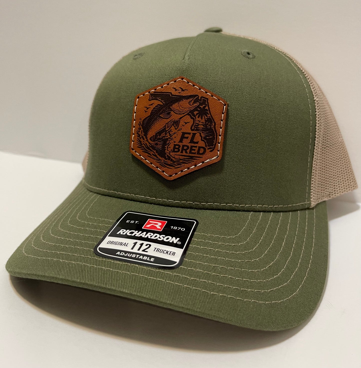 Olive/Tan Trucker with Red Bass & FL leather patch
