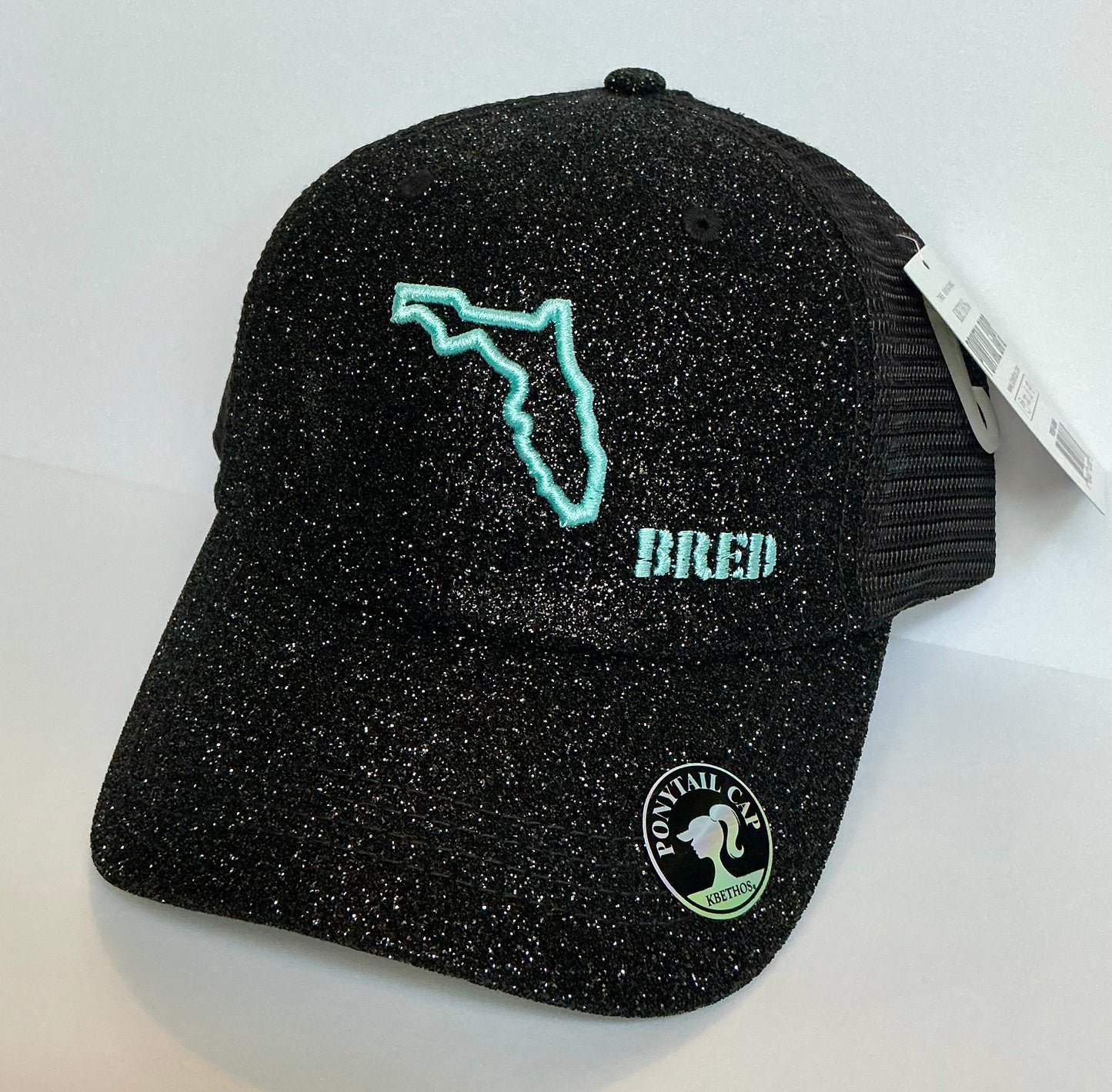 Black Glitter Ponytail SnapBack w/ Light Aqua Logo