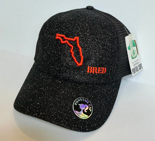 Black Glitter Ponytail SnapBack w/ Bright Orange Logo