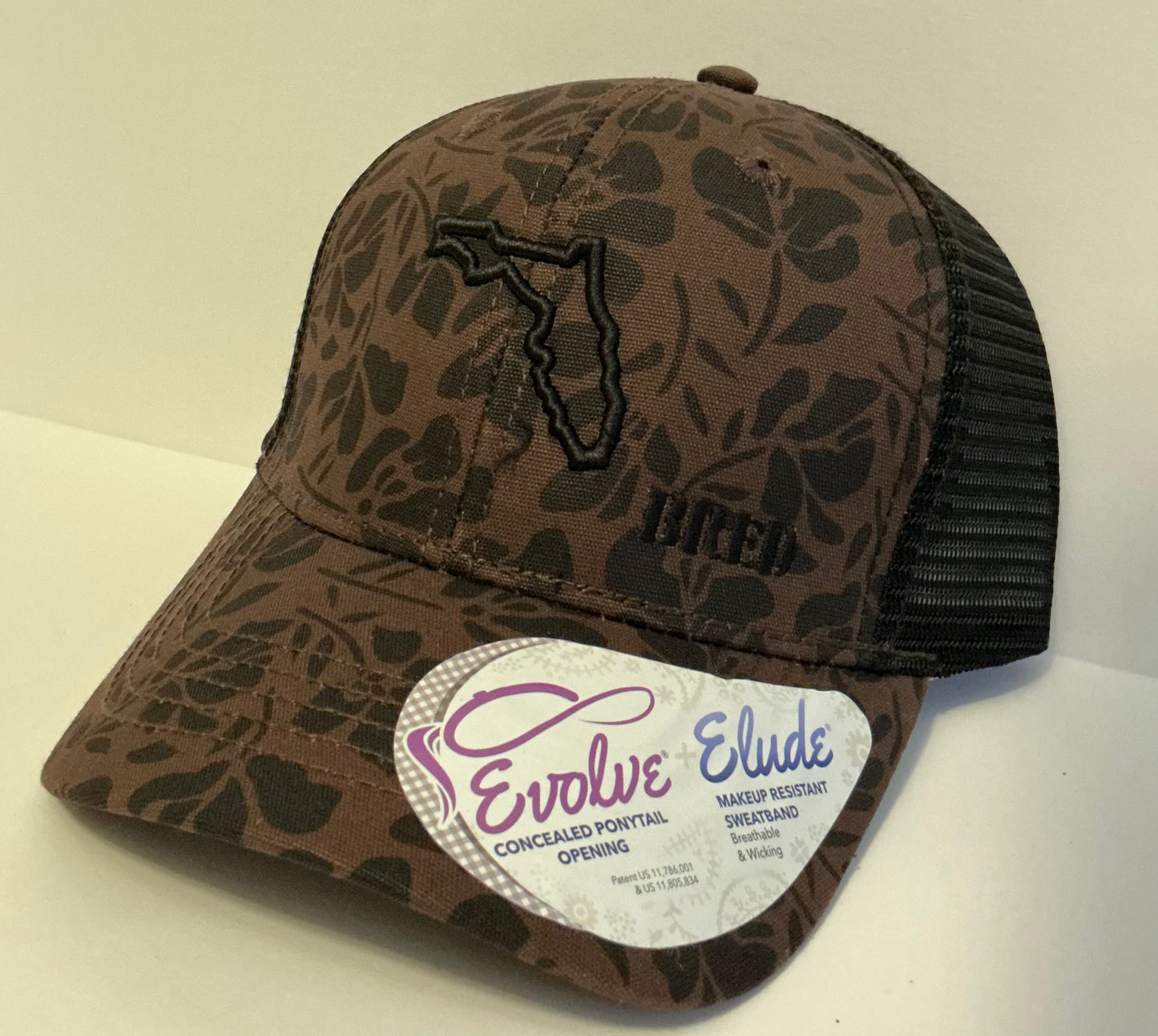 Chocolate Floral Ponytail Hat w/ Black Logo