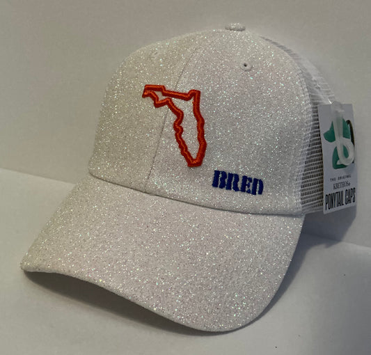 White Glitter Ponytail with Orange/Blue Logo