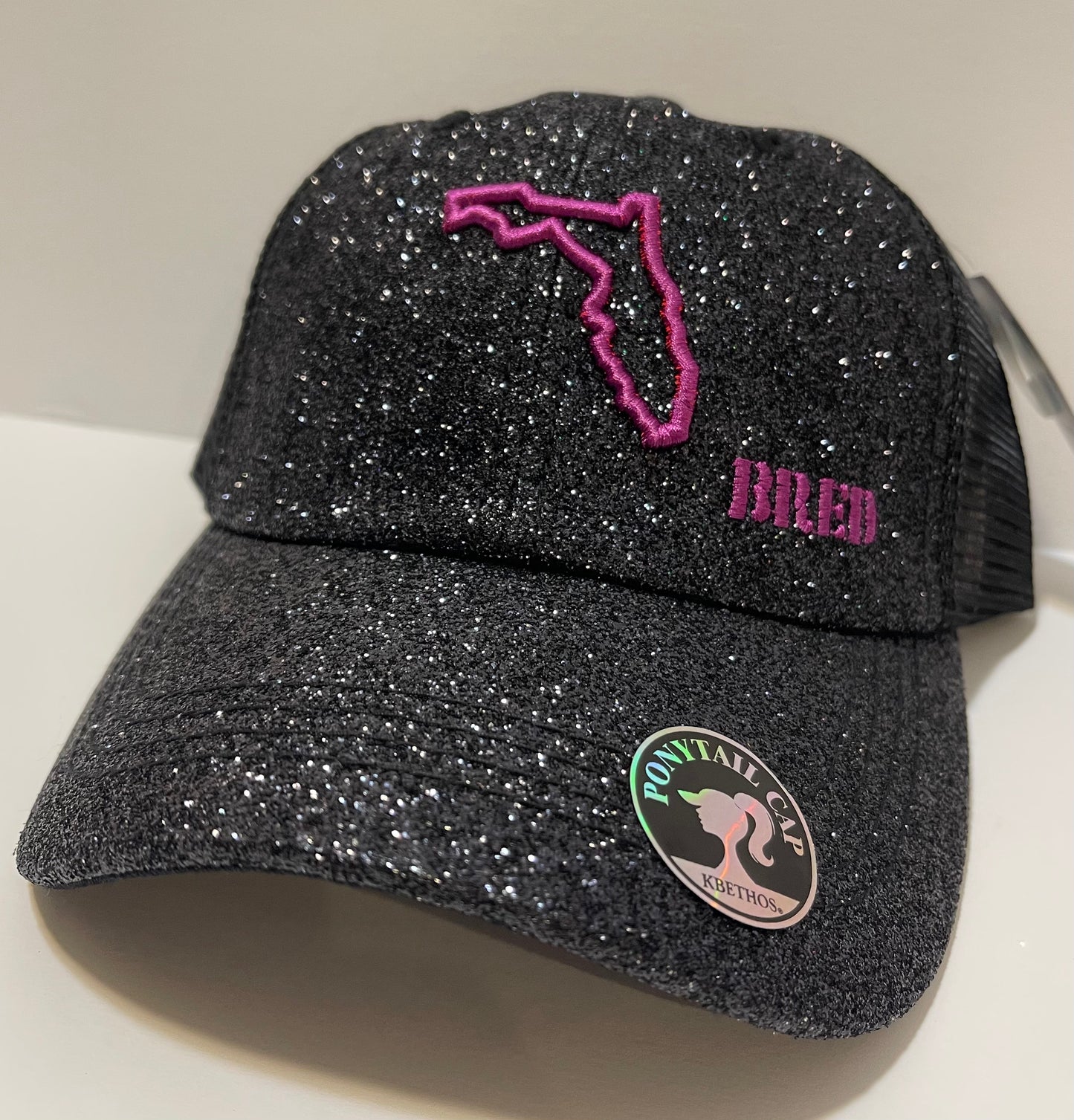 Black Glitter Ponytail cap with Purple Logo