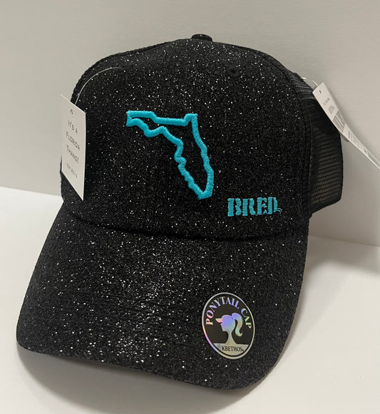 Black Glitter Ponytail Snapback w/ Teal Logo