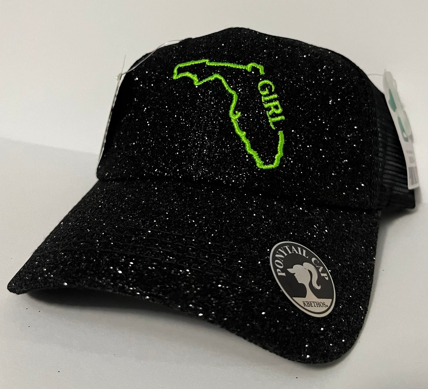 FL Girl Black\Lime Green Glitter Ponytail Hat